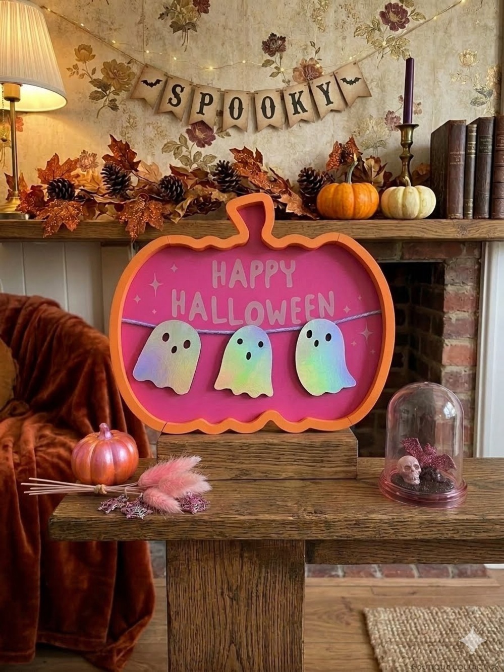 Halloween Pumpkin Shadow Box Sign - Pink & Orange